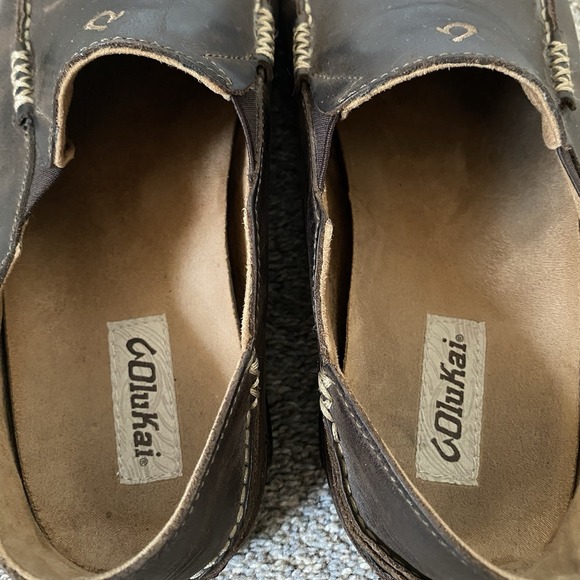 Olukai Moloa Slip On Shoes Men 10 EU 43 Brown Leather Loafer  Fold Down Heel - Picture 8 of 13